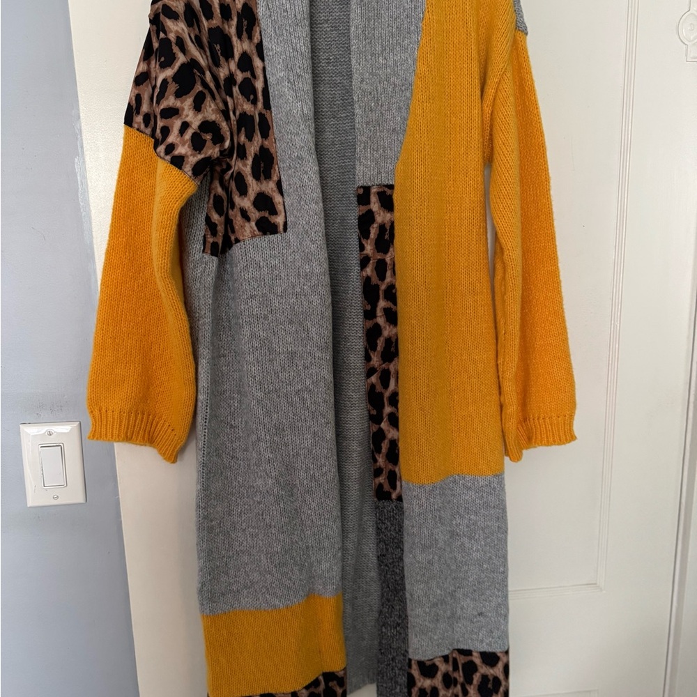 Gray and Yellow Color Block Cardigan Sweater